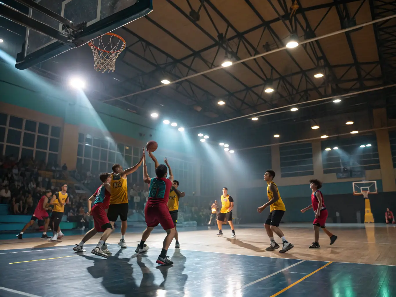 A group of diverse students laughing and working together during a basketball practice, showcasing teamwork and inclusivity.