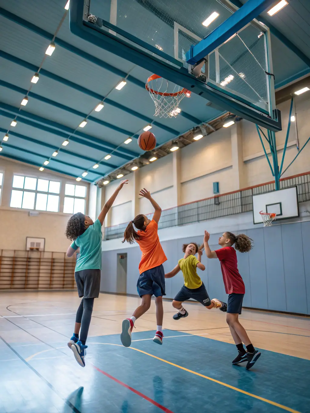 A dynamic image of young students playing basketball in a school gymnasium, showcasing teamwork and sportsmanship.
